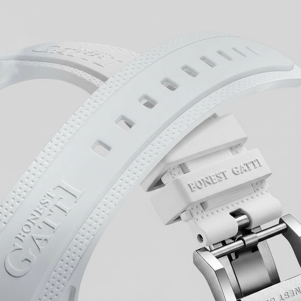 Close up of the BONEST GATTI BG6002 white strap and buckle, showing perforated texture, engraved branding, and premium clasp finish.