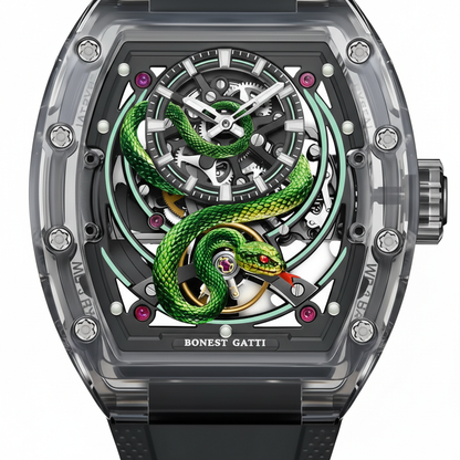 BONEST GATTI BG6004 luxury automatic watch featuring green snake sculpture dial with exposed gears and skeleton movement