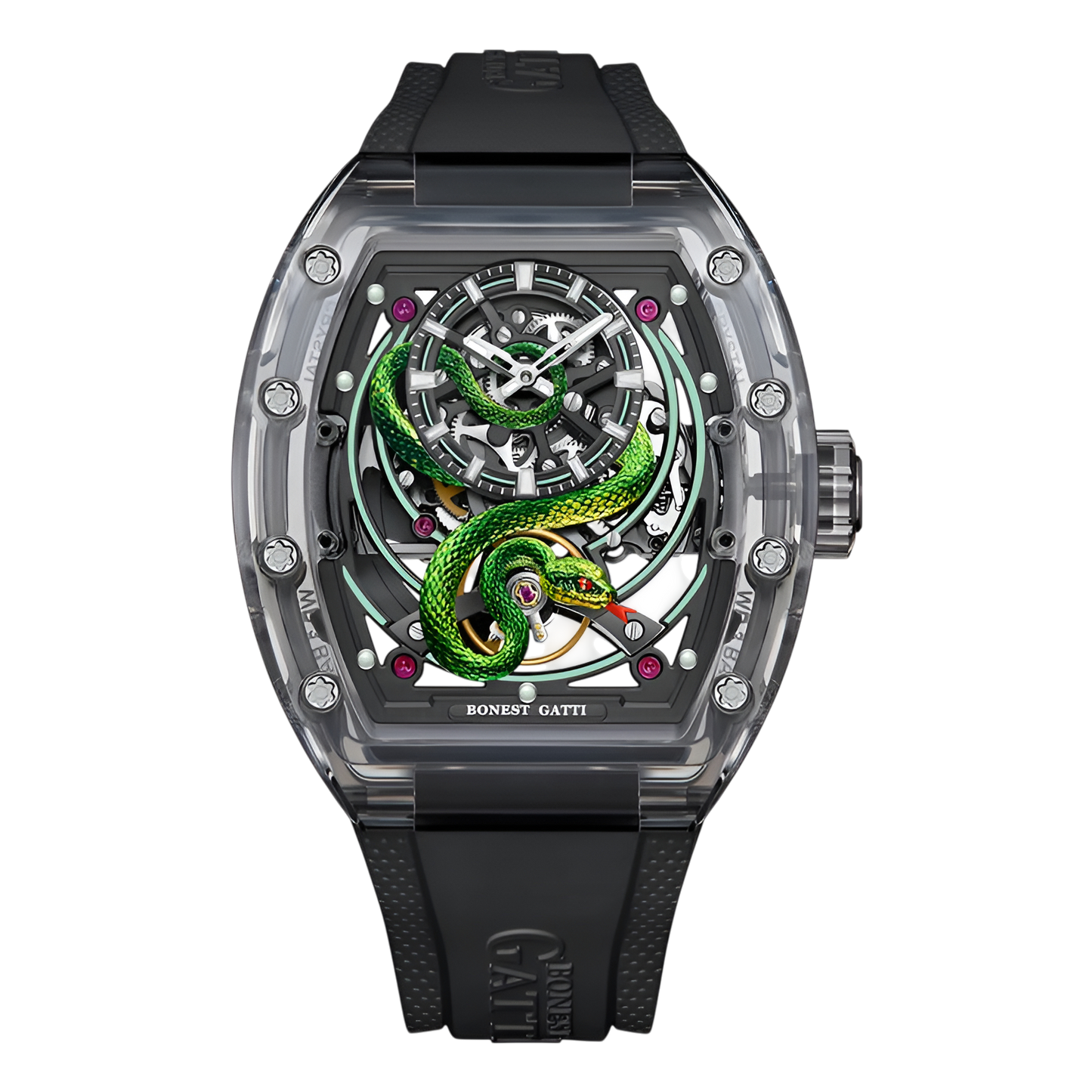 BONEST GATTI BG6004 luxury automatic mechanical watch with transparent tonneau case and black rubber strap front view