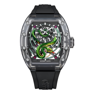 BONEST GATTI BG6004 luxury automatic mechanical watch with transparent tonneau case and black rubber strap front view
