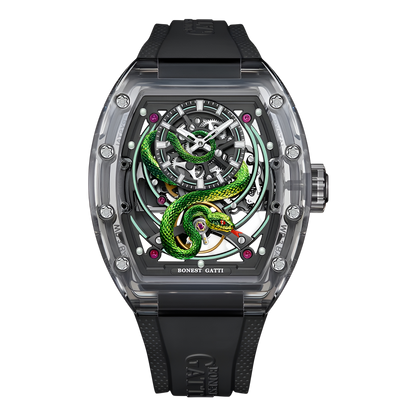 BONEST GATTI BG6004 luxury automatic mechanical watch with transparent tonneau case and black rubber strap front view