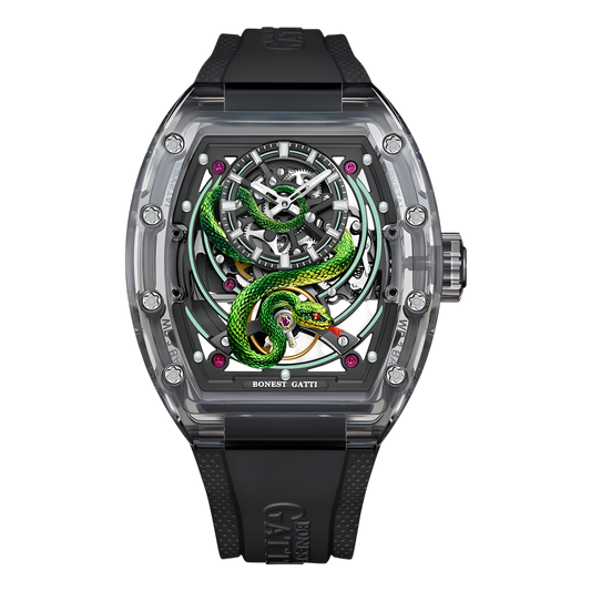 BONEST GATTI BG6004 luxury automatic mechanical watch with transparent tonneau case and black rubber strap front view