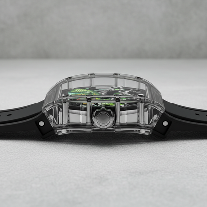 BONEST GATTI BG6004 luxury automatic mechanical watch showcasing transparent tonneau case side profile and exposed internal architecture