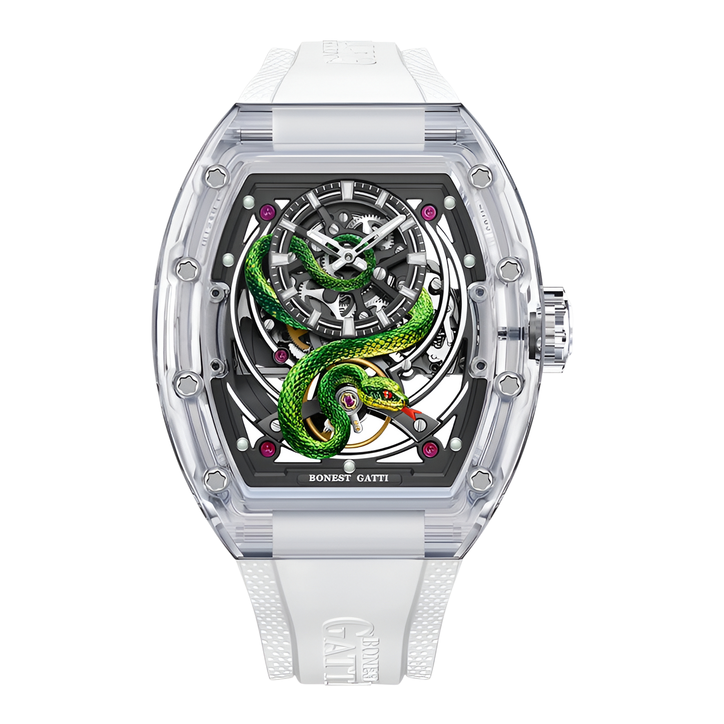 BONEST GATTI BG6004 automatic mechanical watch with transparent case and white rubber strap front view