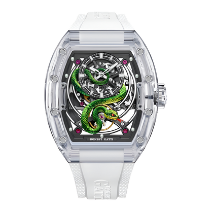 BONEST GATTI BG6004 automatic mechanical watch with transparent case and white rubber strap front view