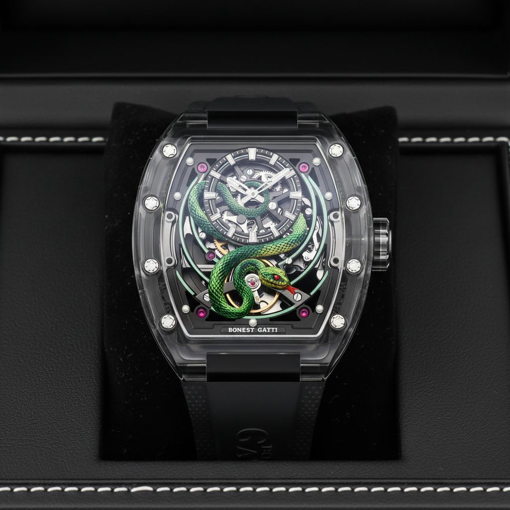 BONEST GATTI BG6004 automatic mechanical watch displayed in premium presentation box highlighting transparent case and snake dial design