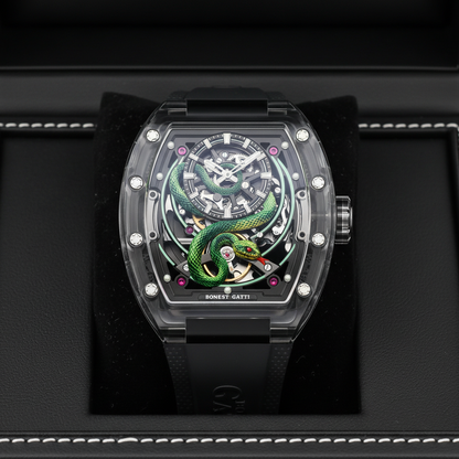 BONEST GATTI BG6004 automatic mechanical watch displayed in premium presentation box highlighting transparent case and snake dial design