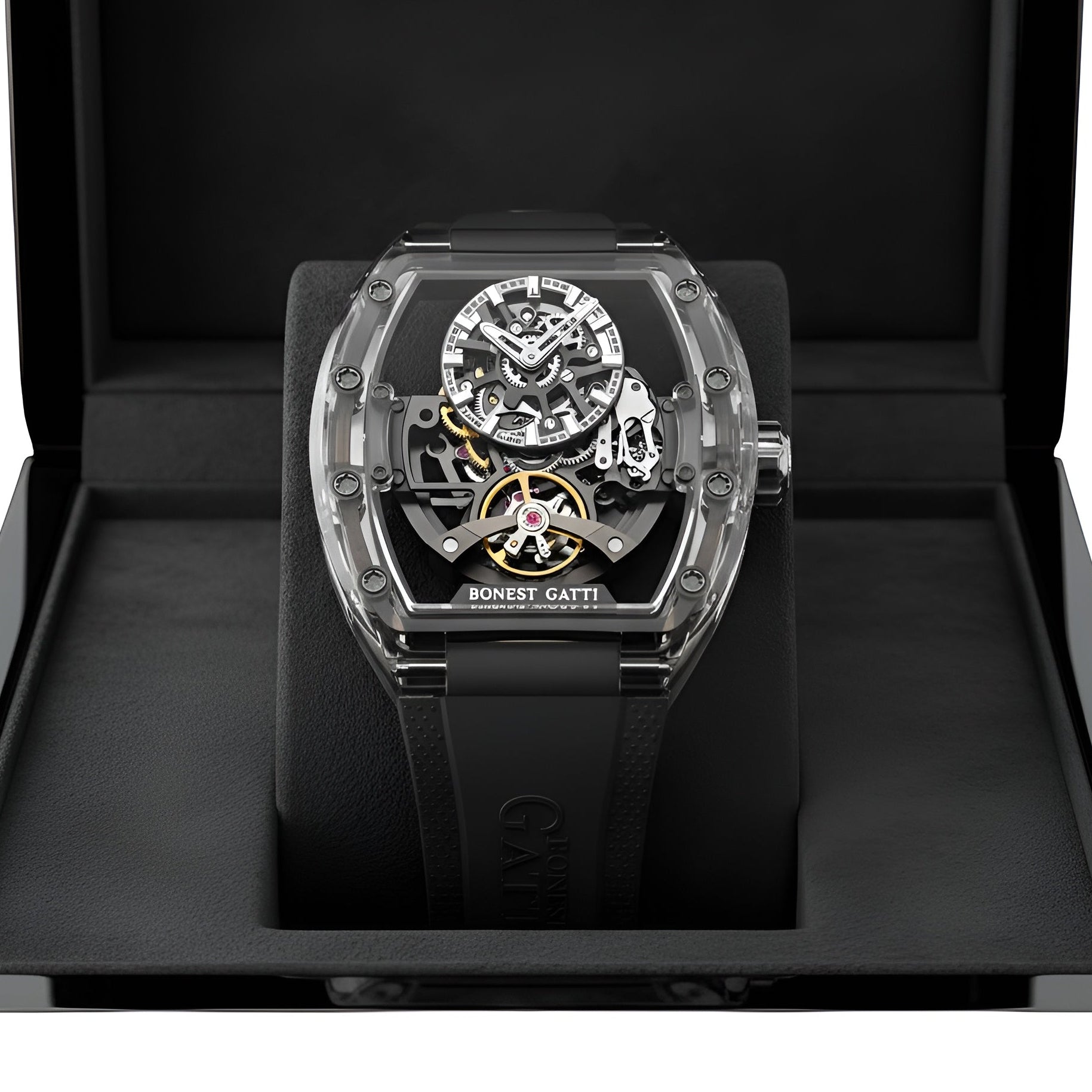 BONEST GATTI BG6005 transparent automatic mechanical watch displayed in premium presentation box highlighting luxury packaging

