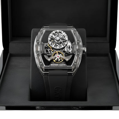 BONEST GATTI BG6005 transparent automatic mechanical watch displayed in premium presentation box highlighting luxury packaging

