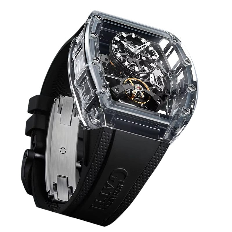 BONEST GATTI BG6005 men’s transparent automatic mechanical watch rear angled view highlighting clear case structure and black rubber strap