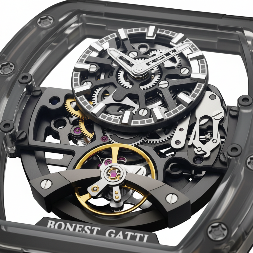 BONEST GATTI BG6005 men’s transparent automatic mechanical watch macro view of skeleton dial revealing balance wheel and gears

