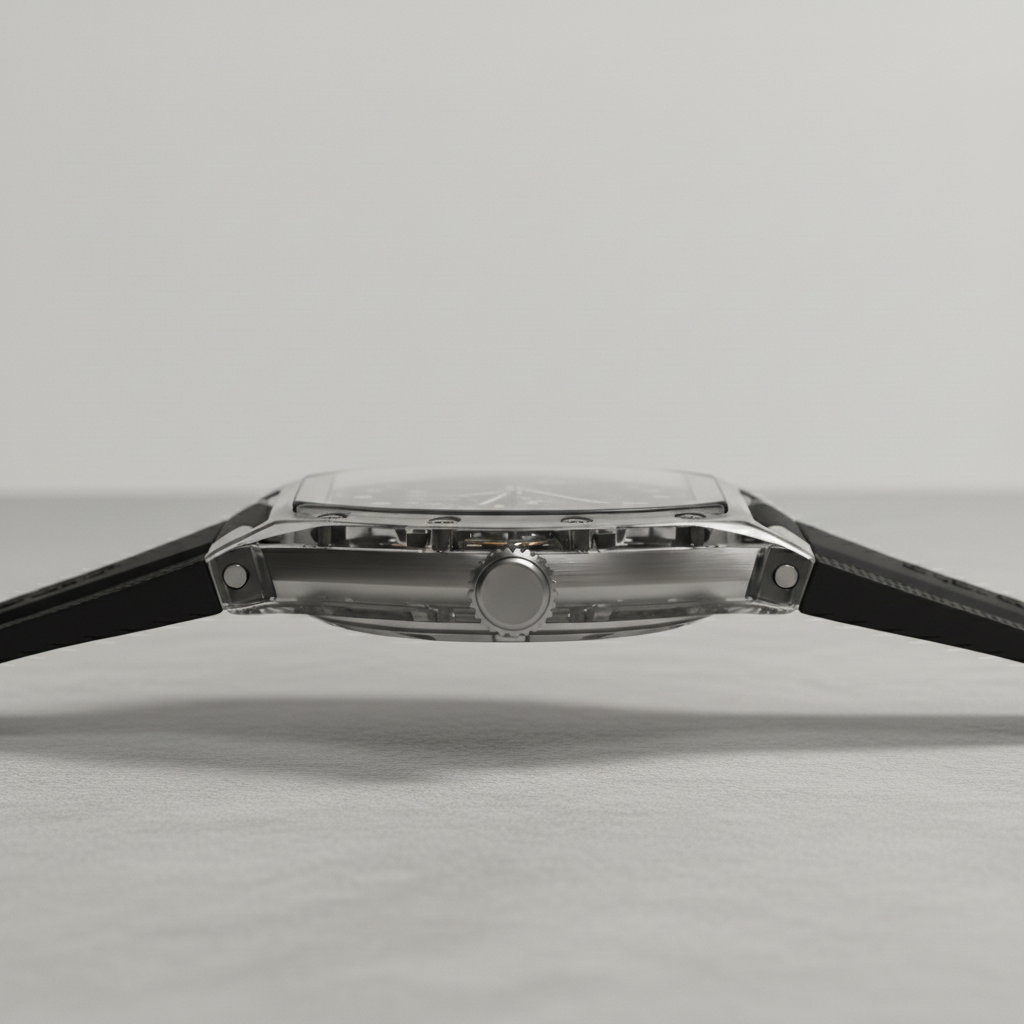 BONEST GATTI BG6005 men’s transparent automatic mechanical watch side profile showing ultra thin case and sapphire crystal construction