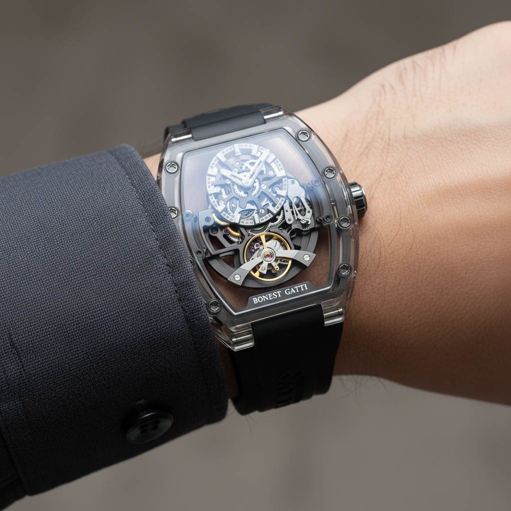 BONEST GATTI BG6005 men’s transparent automatic mechanical watch worn on wrist showcasing skeleton movement and modern luxury design