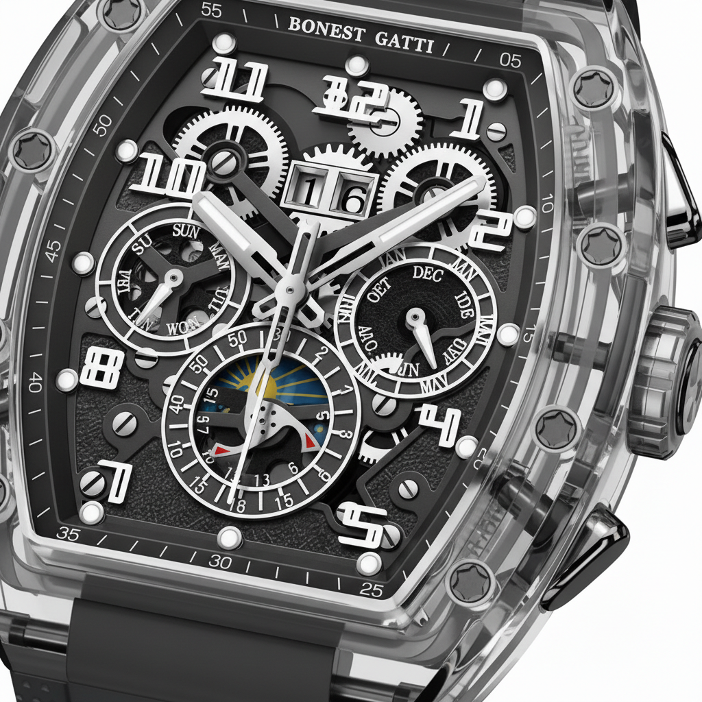 BONEST GATTI BG6006 automatic mechanical watch dark dial skeleton with multi sub dials and exposed gears