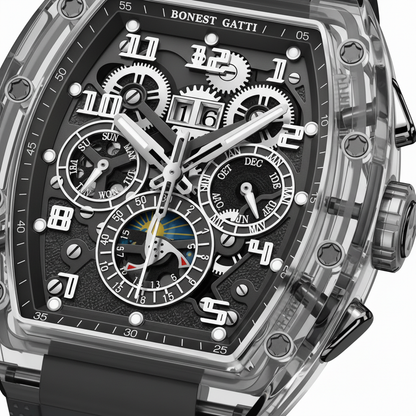BONEST GATTI BG6006 automatic mechanical watch dark dial skeleton with multi sub dials and exposed gears
