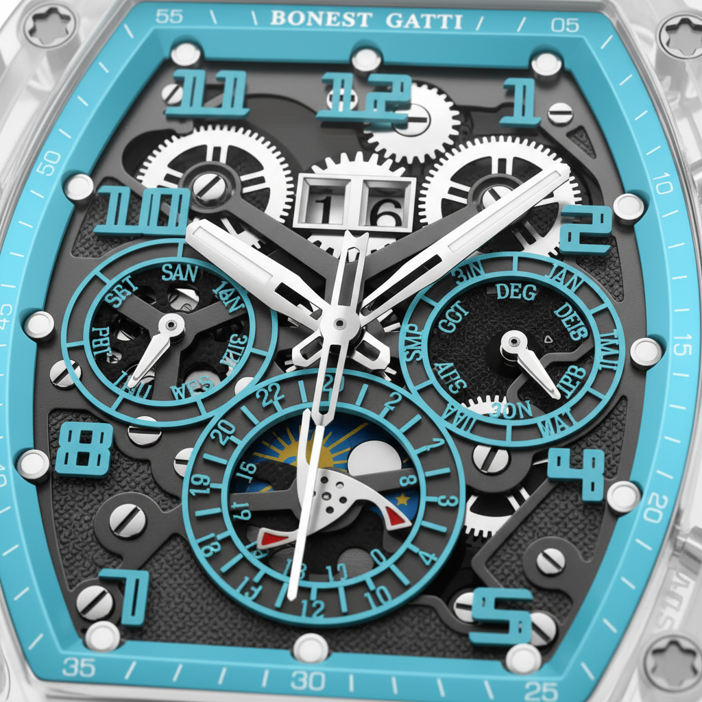 BONEST GATTI BG6006 skeleton dial macro showing chronograph subdials turquoise accents and mechanical details