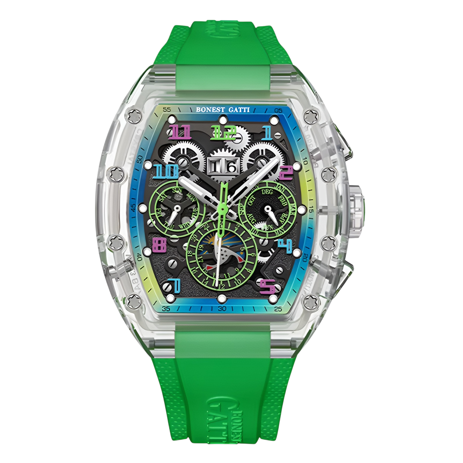 BONEST GATTI BG6006 luxury automatic mechanical watch featuring green strap, transparent case and detailed skeleton dial
