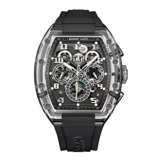 BONEST GATTI BG6006 automatic mechanical watch dark dial luxury skeleton design with rubber strap