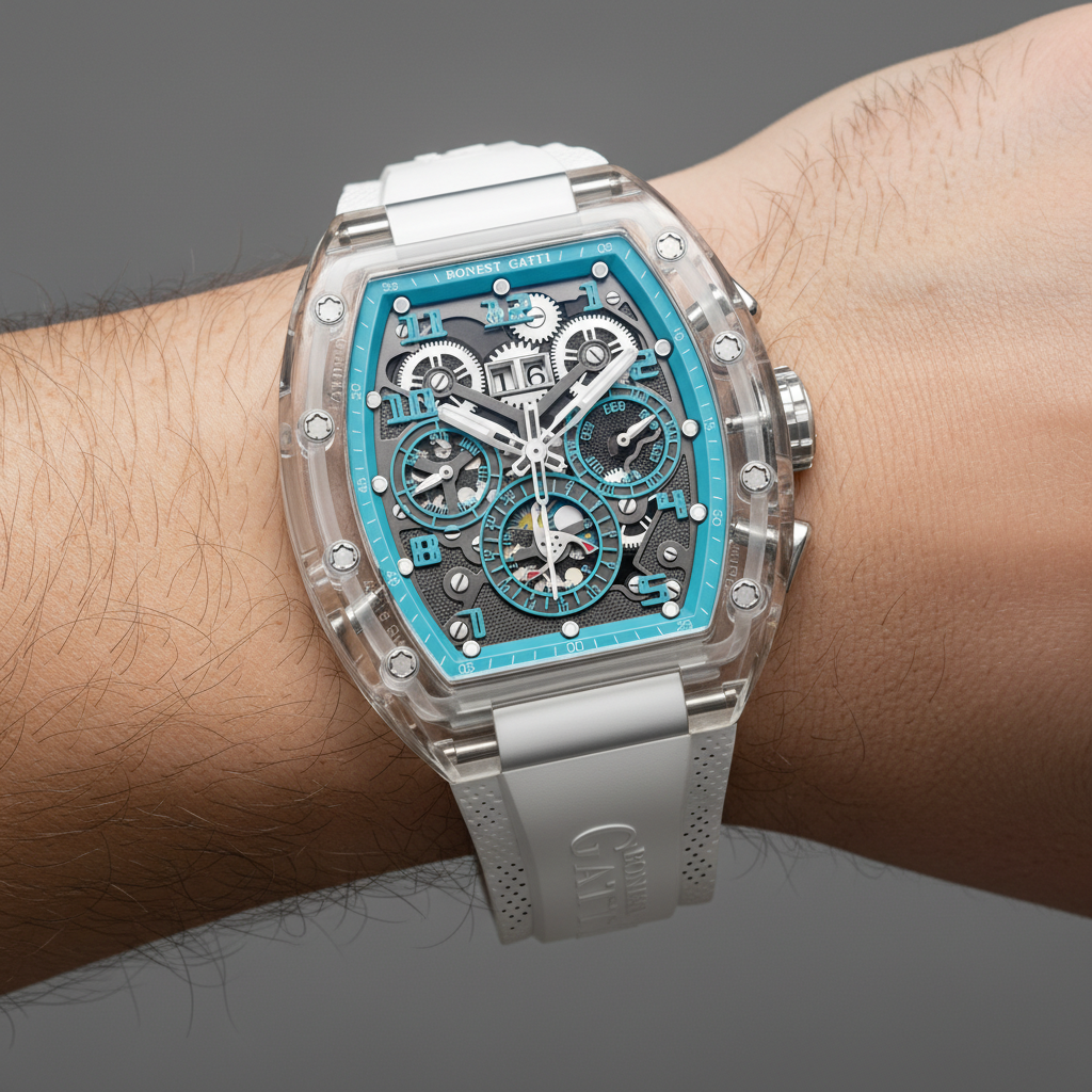 BONEST GATTI BG6006 luxury automatic watch worn on wrist showcasing transparent case and turquoise skeleton dial