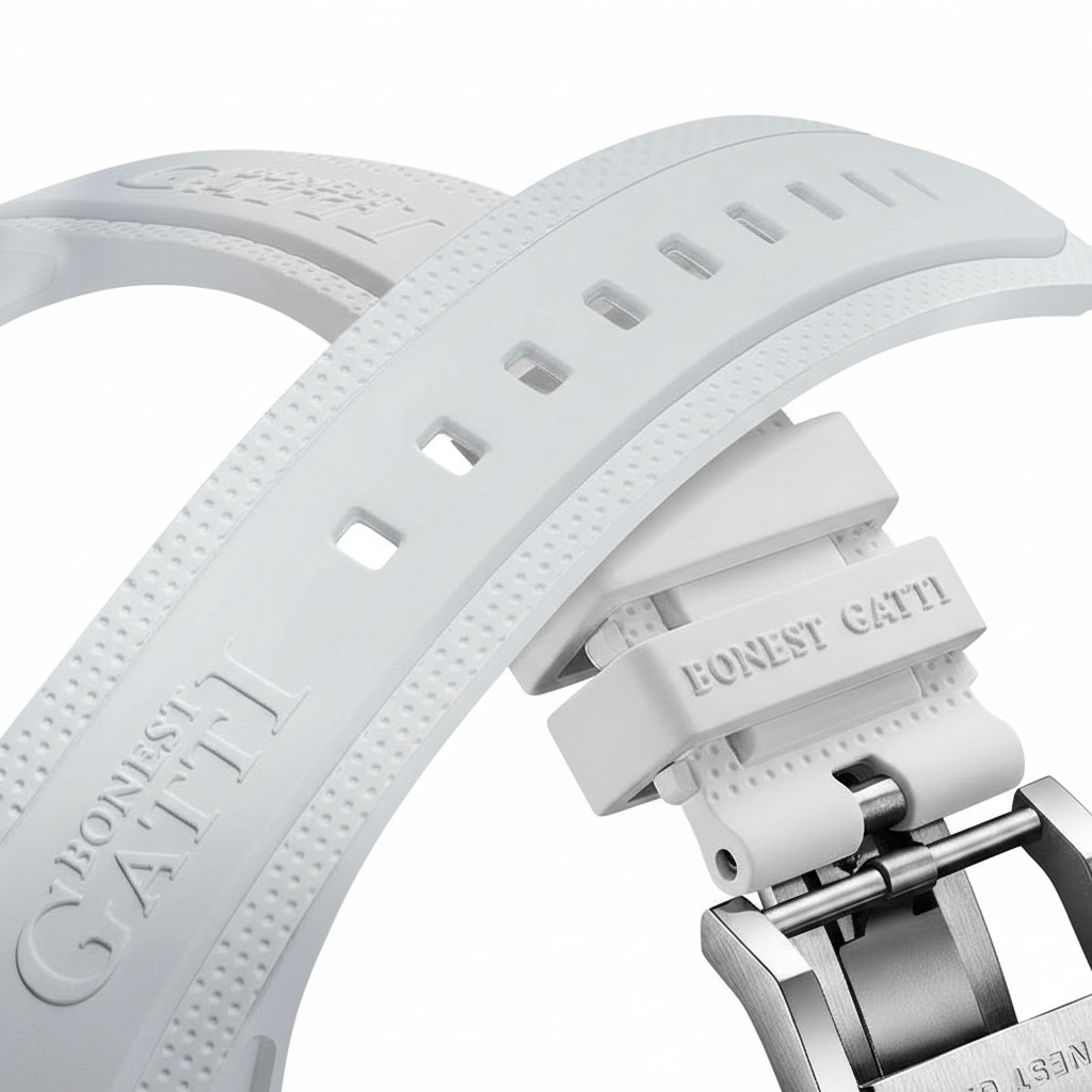 BONEST GATTI BG6006 white strap and buckle close up with embossed branding and perforated texture