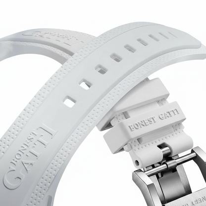 BONEST GATTI BG6006 white strap and buckle close up with embossed branding and perforated texture