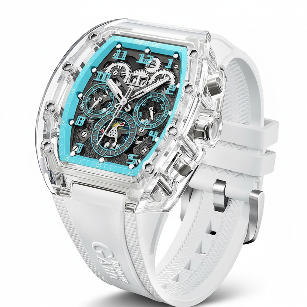 BONEST GATTI BG6006 automatic mechanical watch three quarter view with transparent case turquoise dial and white strap
