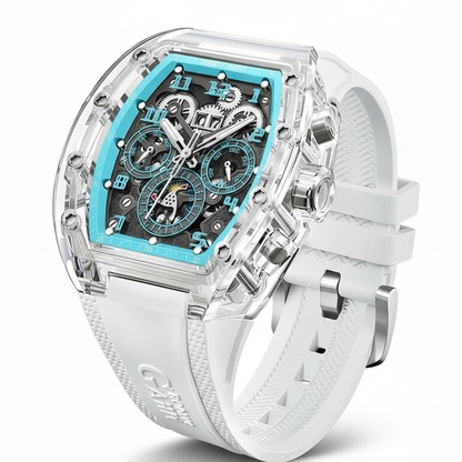 BONEST GATTI BG6006 automatic mechanical watch three quarter view with transparent case turquoise dial and white strap