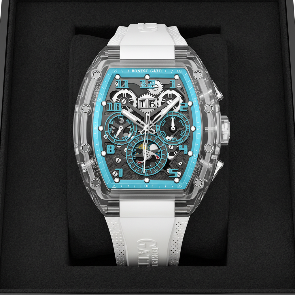 BONEST GATTI BG6006 automatic mechanical watch presented in luxury box packaging front view
