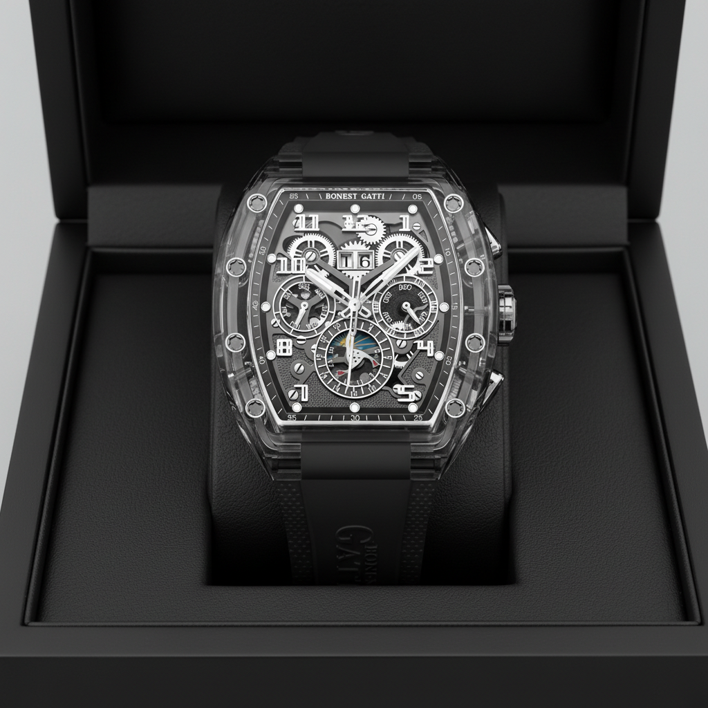 BONEST GATTI BG6006 automatic mechanical watch dark dial displayed in luxury presentation box