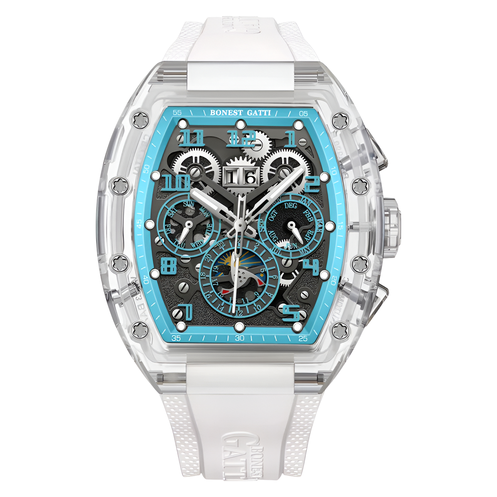BONEST GATTI BG6006 automatic mechanical luxury watch with white strap, transparent tonneau case and exposed skeleton movement