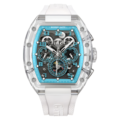 BONEST GATTI BG6006 automatic mechanical luxury watch with white strap, transparent tonneau case and exposed skeleton movement