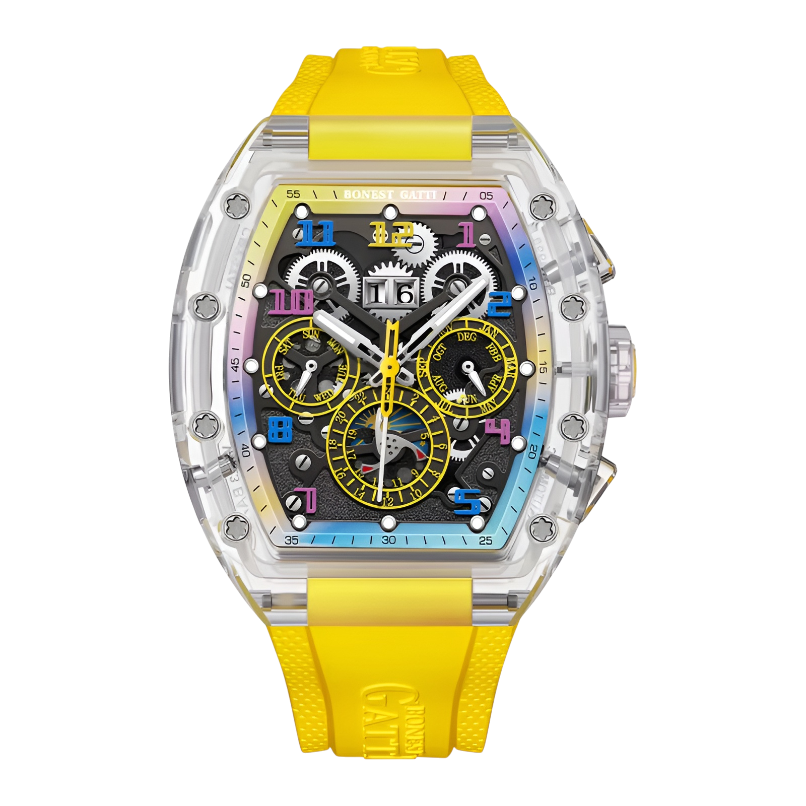 BONEST GATTI BG6006 automatic mechanical watch with yellow strap, transparent tonneau case, skeleton dial and luxury multi function design