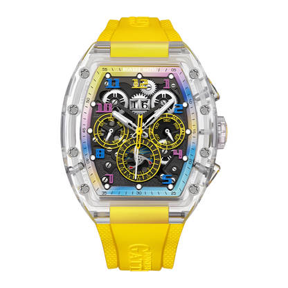BONEST GATTI BG6006 automatic mechanical watch with yellow strap, transparent tonneau case, skeleton dial and luxury multi function design