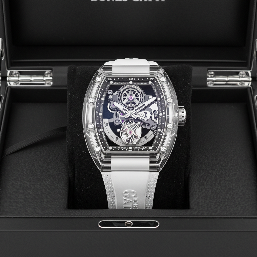 BONEST GATTI BG7001 tourbillon watch displayed in luxury presentation box with transparent sapphire case