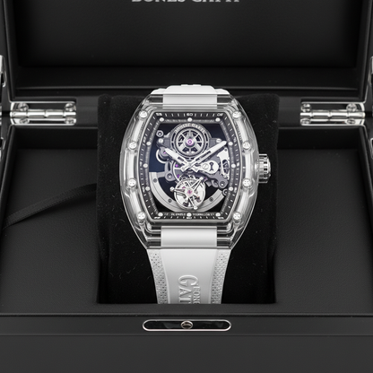 BONEST GATTI BG7001 tourbillon watch displayed in luxury presentation box with transparent sapphire case