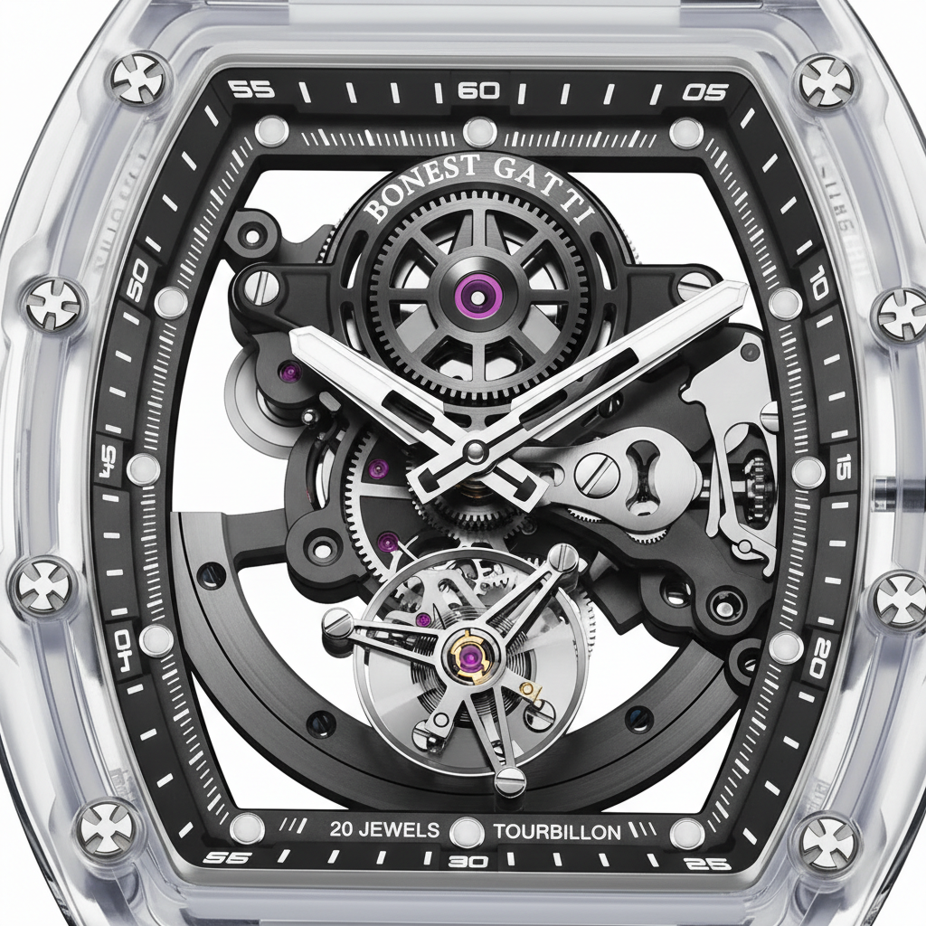 BONEST GATTI BG7001 tourbillon watch close up of skeleton dial with visible tourbillon mechanism and precision gears