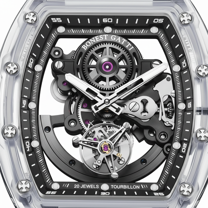 BONEST GATTI BG7001 tourbillon watch close up of skeleton dial with visible tourbillon mechanism and precision gears