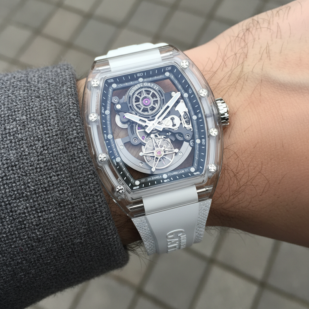 BONEST GATTI BG7001 tourbillon watch worn on wrist showcasing transparent sapphire case and luxury mechanical design