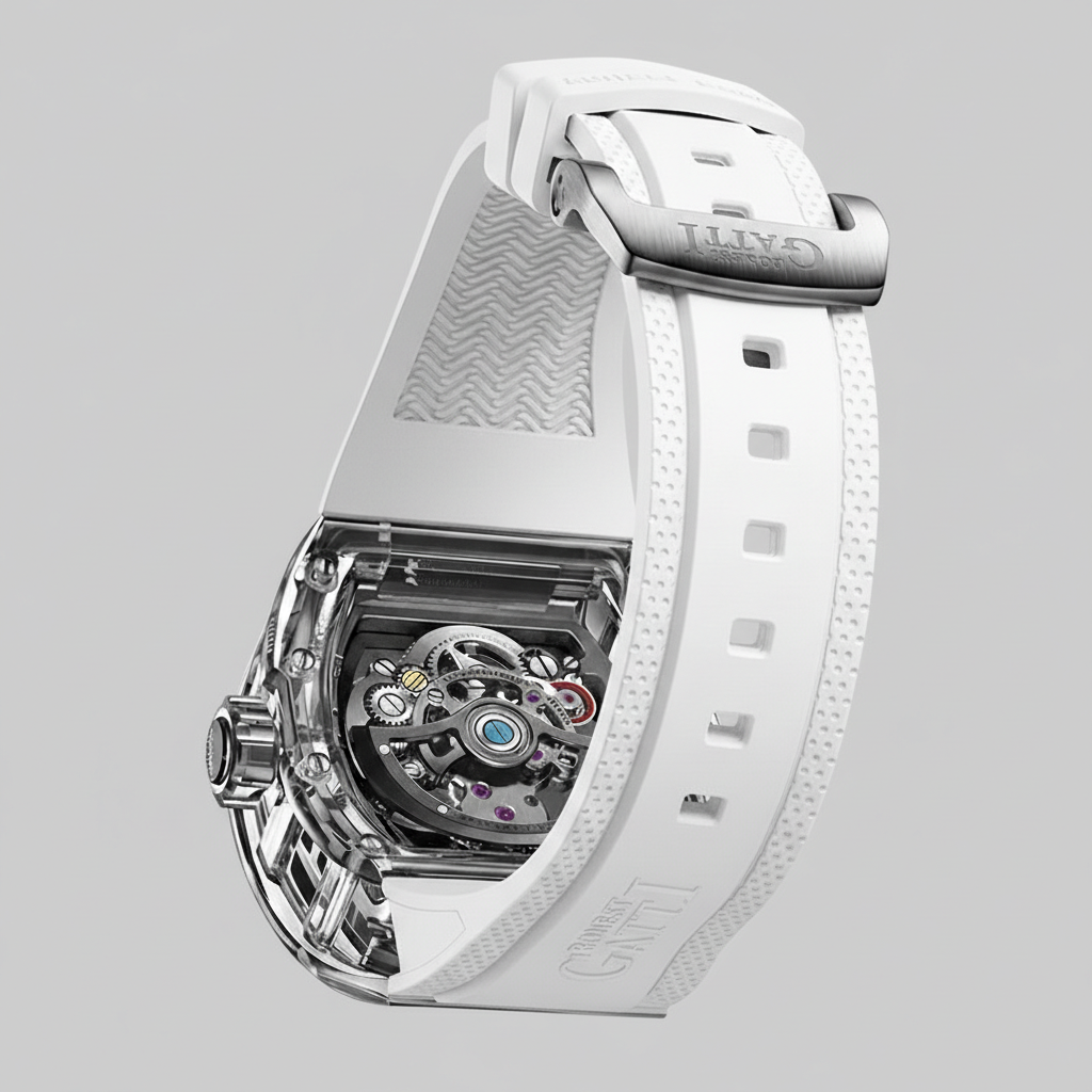 BONEST GATTI BG7001 tourbillon watch showing transparent sapphire caseback with exposed mechanical movement