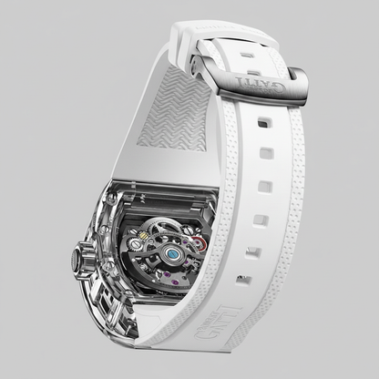 BONEST GATTI BG7001 tourbillon watch showing transparent sapphire caseback with exposed mechanical movement