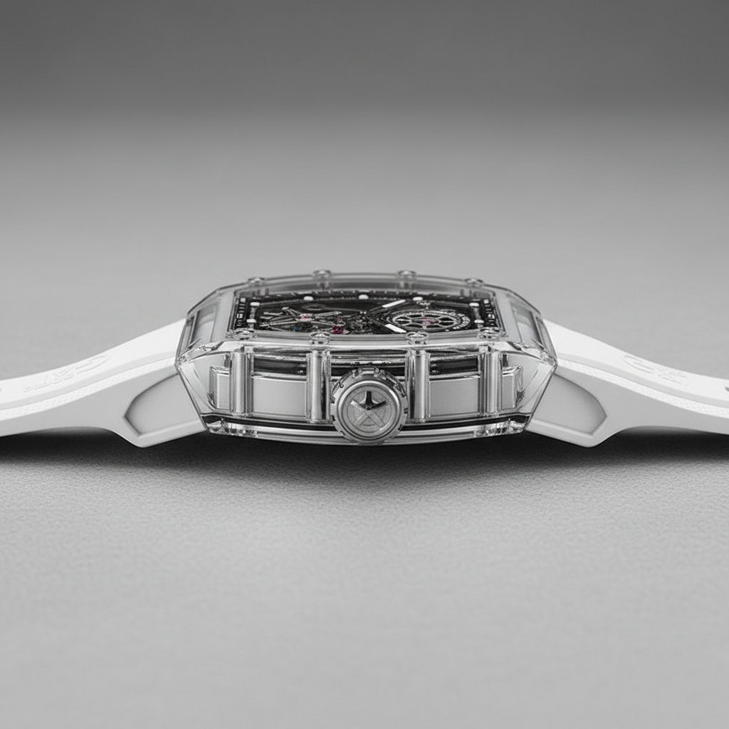 BONEST GATTI BG7001 tourbillon watch side profile highlighting transparent sapphire case thickness and crown design