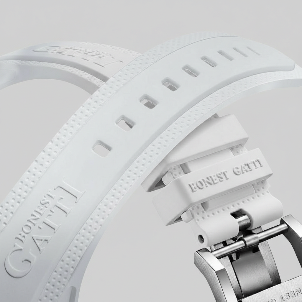 BONEST GATTI BG7001 tourbillon watch featuring white rubber strap with engraved branding and stainless steel buckle detail