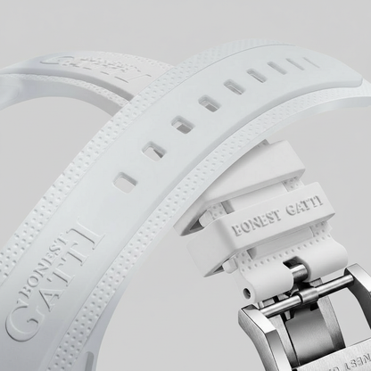 BONEST GATTI BG7001 tourbillon watch featuring white rubber strap with engraved branding and stainless steel buckle detail