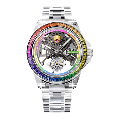 Transparent skeleton automatic mechanical watch with tourbillon and rainbow bezel