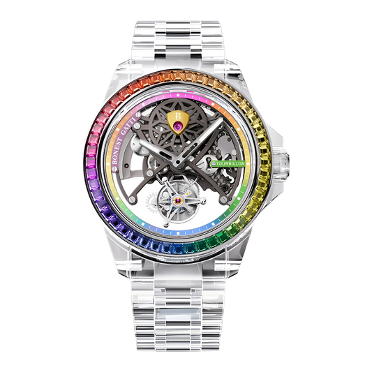 Transparent skeleton automatic mechanical watch with tourbillon and rainbow bezel