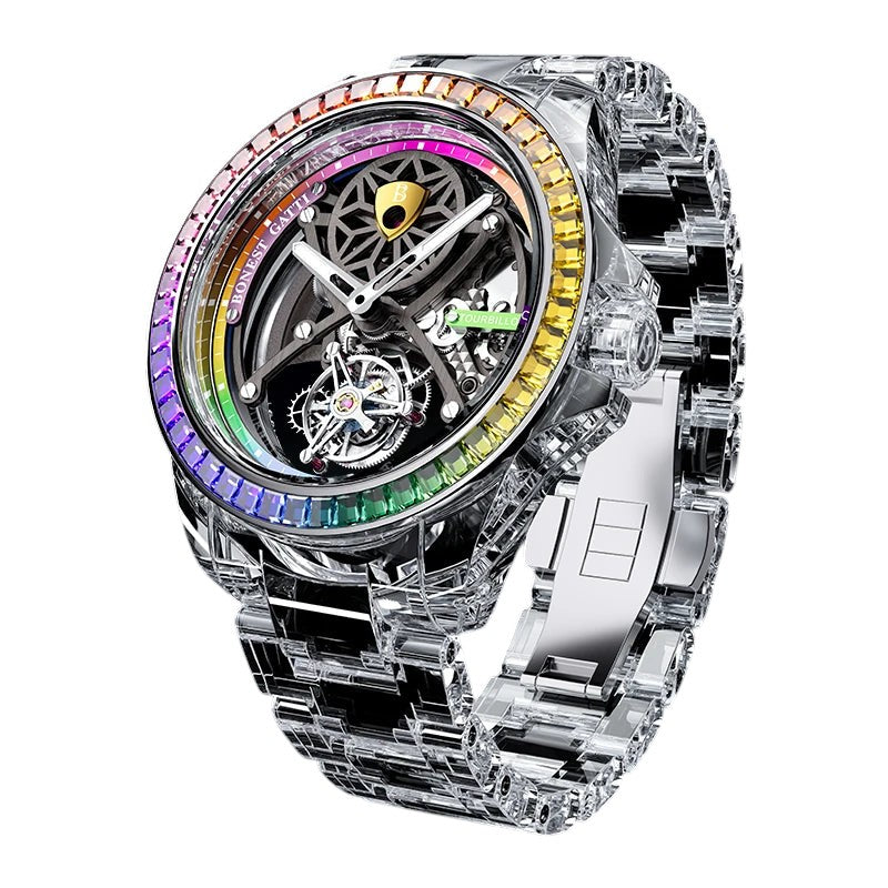 Luxury men’s mechanical automatic watch with clear acrylic case and gemstone ring