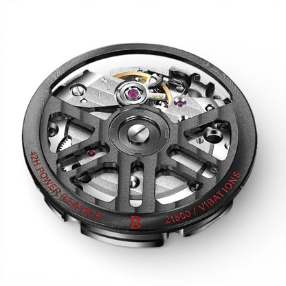 Macro view of the BONEST GATTI BG7601-S Automatic Mechanical Watch movement, highlighting the 42-hour power reserve mechanism and precision-engineered rotor.