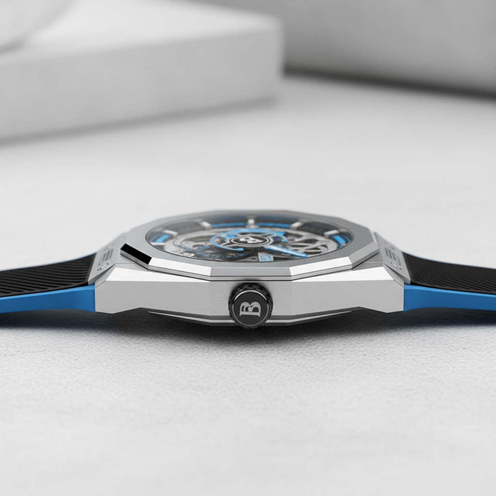 Bonest Gatti BG7601A automatic mechanical watch side profile, brushed steel case, sapphire crystal and blue sport accents