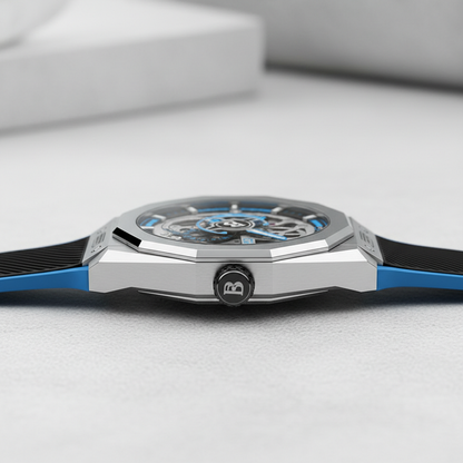 Bonest Gatti BG7601A automatic mechanical watch side profile, brushed steel case, sapphire crystal and blue sport accents