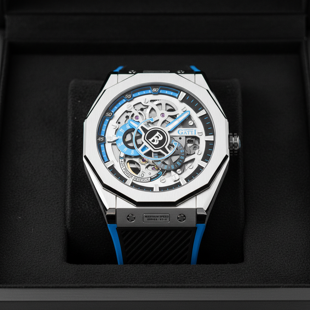 Bonest Gatti BG7601A automatic mechanical watch with sapphire crystal, blue accent skeleton dial, displayed in luxury presentation box